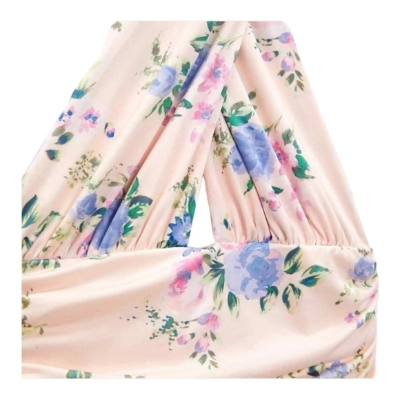 ZARA Light Pink Floral Halter Neck Open Back Ruched Bodycon Mini Dress Medium - Picture 13 of 14